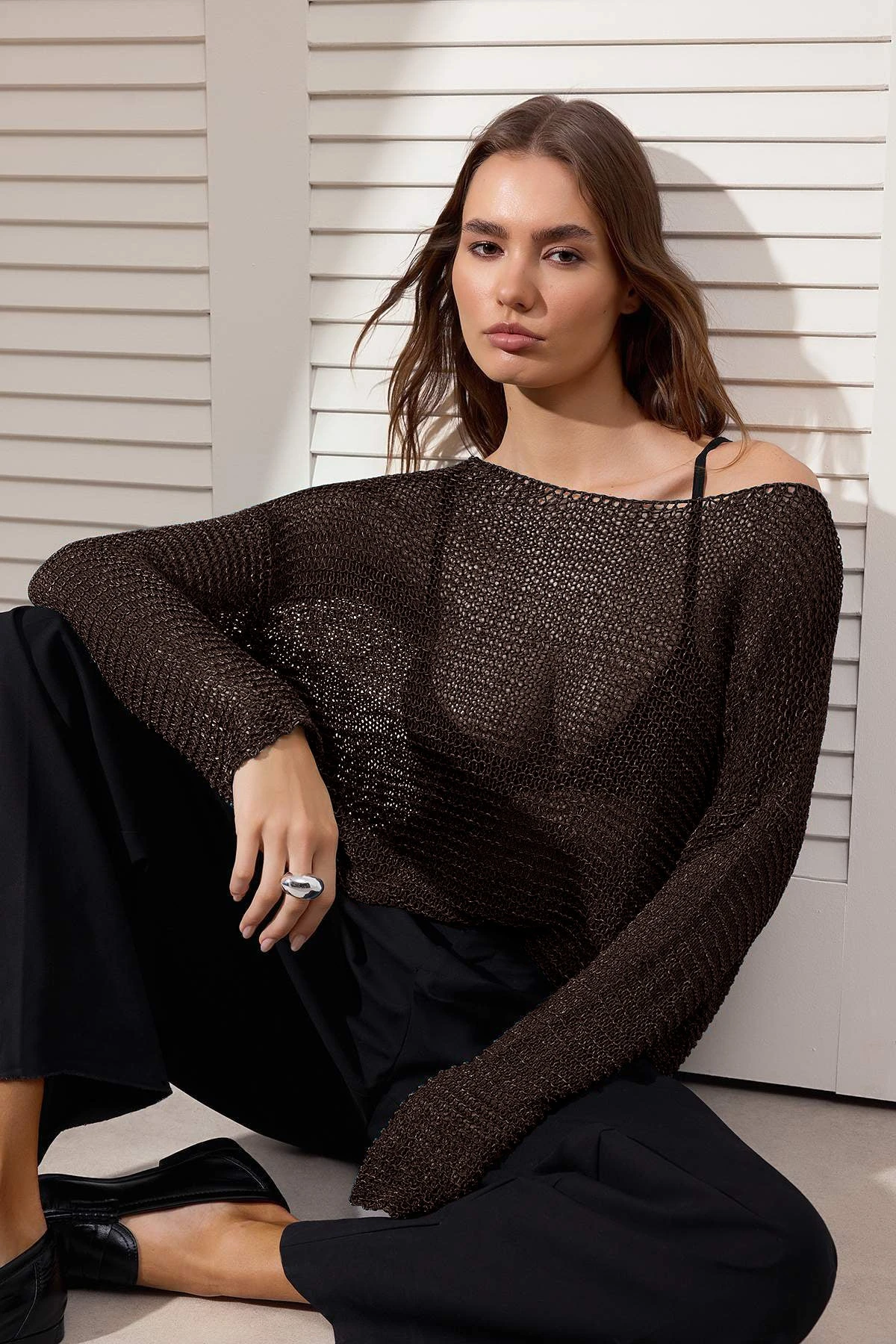 Trendyolmilla Women's Blue Openwork Long Regular Sweater - Image 5