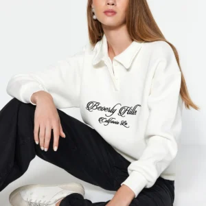 Women's Dark Blue Embroidery Long Sleeve Oversize Sweatshirt