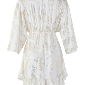 Women's Ecru Paisley Mini Three Quarter Sleeve Beachwear Fitted Dress