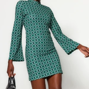 Women's Green Geometric pattern Mini Long sleeve Business Slim fit Dress