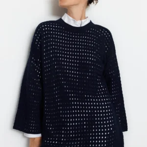 Modest Women's Dark Blue Ajouré Long Sleeve Regular Fit Sweater