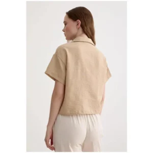 Vos Versa Women's Linen Short Sleeve Camel Shirt With Lace Details Vvk47031
